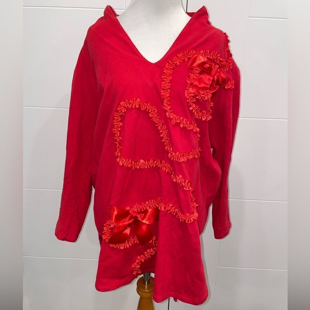 Vintage Phun Shirts of California red sweatshirt,ribbon, bows, and shoulder pads